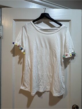 White Short Sleeve Top with Colorful Pom Trim